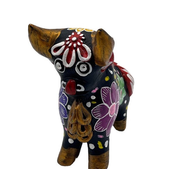 Hand Painted Black Floral Torito de Pucará Folk Art Pottery Bull Figurine Peru - Picture 2 of 16